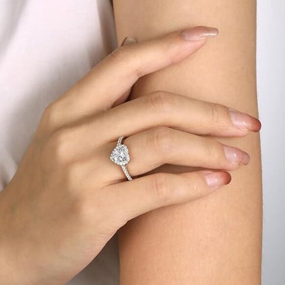 White Gold Heart CZ Simulated Diamond Ring, Cubic Zirconia 925 Sterling Silver - Picture 2 of 5